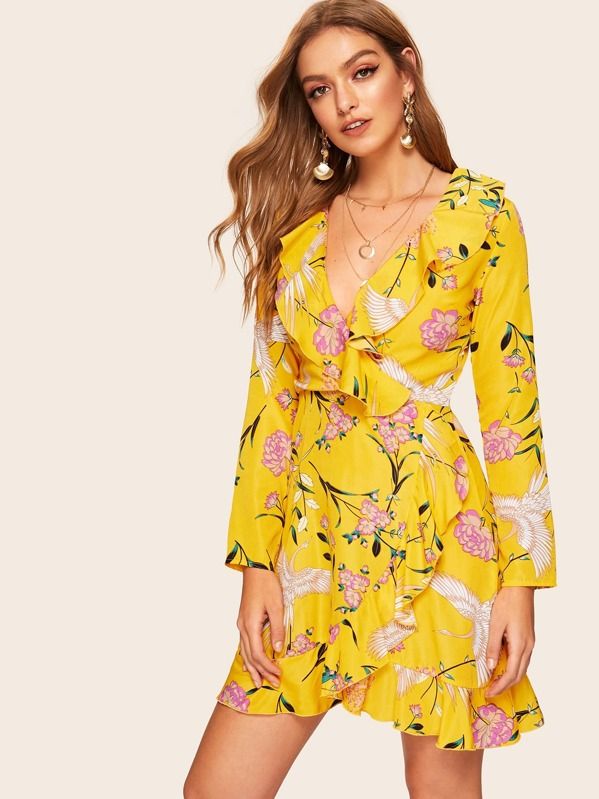 SHEIN Surplice Neck Floral Flounce Hem Dress | SHEIN