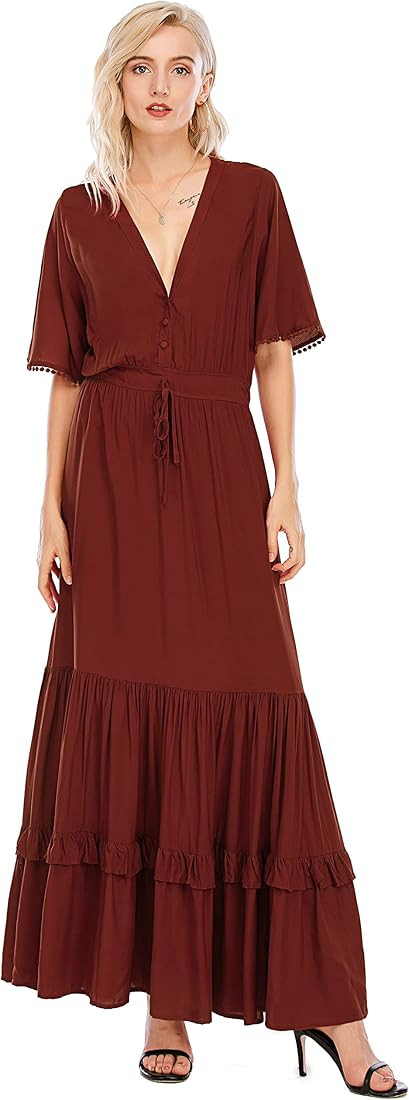 R.Vivimos Womens Summer Cotton Short Sleeve V Neck Floral Print Casual Bohemian Midi Dresses | Amazon (US)