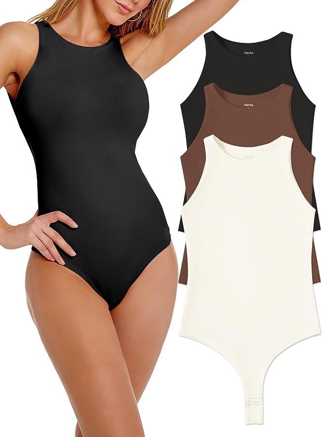 Flevita Women's Casual Sleeveless Slim Fit Crew Neck Sexy Tank Tops Shapwear Bodysuit Shirts | Amazon (US)