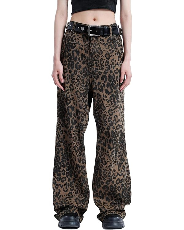 Aelfric Eden Leopard Print Jeans for Women Cheetah Print Pants Straight Leg Denim(A Size 1-2 Larg... | Amazon (US)