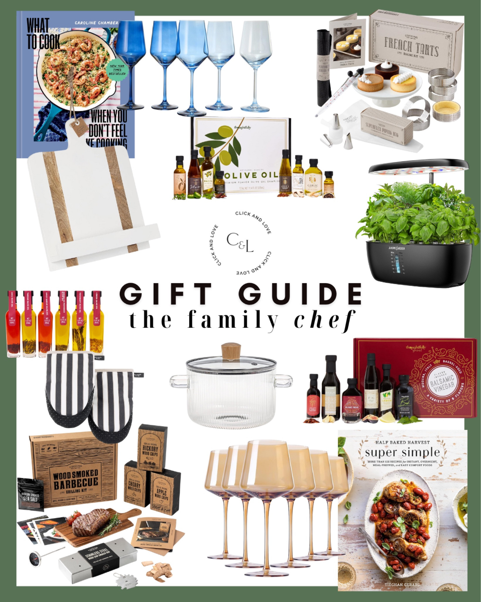 Amazon gift ideas for the family chef! Putting together this gift guide was so much fun. A lot of unique and affordable finds for the one who loves to cook!

Wine glasses, cookbook holder, cookbooks, mini oven mitts, olive oil gift set, oil sampler, balsamic vinegar gift set, tart baking set, French cooking, bbq grill set, smoked bbq, glass cooking pot; Caroline chambers book, half baked Harvest, indoor garden for herbs, home finds, home decor, kitchen, serving, dinner party, holiday party, Christmas party, host, hostess, hostess gift, Christmas, Christmas gift, gift guide, holiday gift, gift, gifts for her, beauty obsessed, Amazon must haves, Amazon finds, amazon favorites, Amazon gift, gifts under $30, gifts under $50, gift under $100 #amazon #amazonhome

#LTKFindsUnder100 #LTKHoliday #LTKGiftGuide