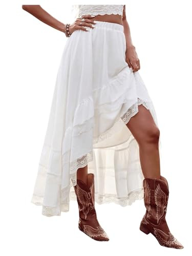 SHENHE Women's Boho Maxi Skirt High Low Asymmetrical Lace Ruffle Hem Flowy Western Skirt White X-... | Amazon (US)