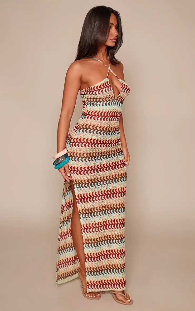 Blue PrettyLittleThing Stripe V Neck Crochet Strappy Maxi Dress | Boohoo | Boohoo.com (UK & IE)