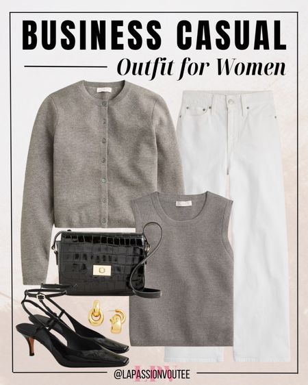 Effortlessly elegant in a modern twist: White wide-leg jeans paired with a sleeveless sweater and layered with a cozy cardigan. Accessorized with chic rounded chainlink earrings, a practical crossbody bag, and elevated with ankle-strap heels for a polished finish. Embrace sophistication with this stylish yet versatile ensemble.

#LTKstyletip #LTKworkwear #LTKSeasonal