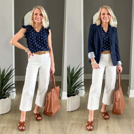 I love white and navy together! 
Blouse- old, brand is Loft, linked similar 
Pants- xs/petite (code: THRIFTYWIFEXSPANX for 10% off)
Sandals- 7.5
Purse- Old, brand Old Navy, Linked similar 

#LTKstyletip #LTKworkwear #LTKSeasonal