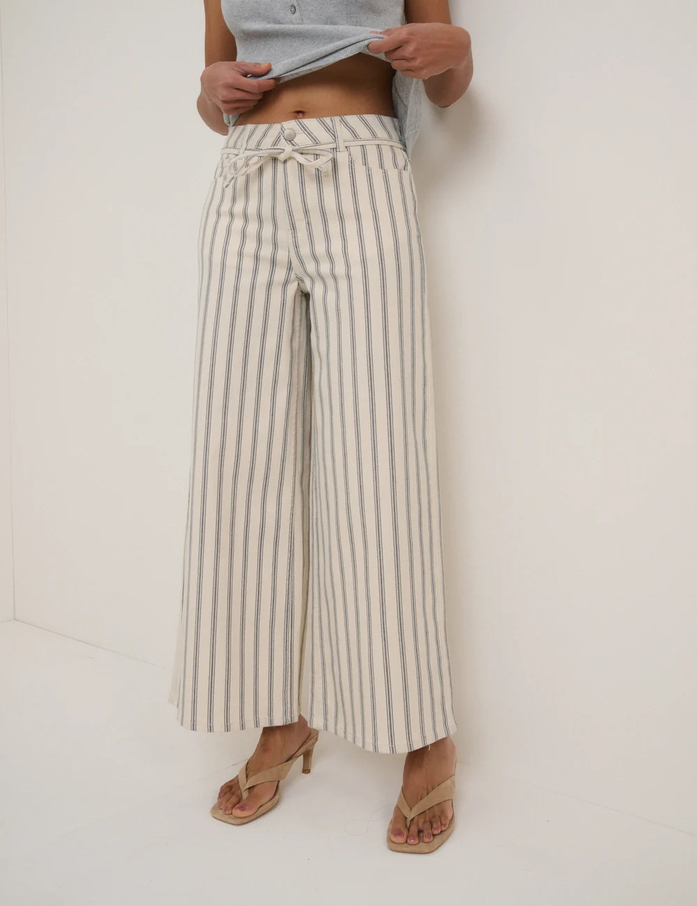 Ecru Striped Cropped Wide Jeans | Nobody's Child