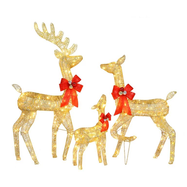 Zimtown 3-Piece Lighted Christmas Reindeer Set Outdoor Yard Decoration LED Lights, Stakes - Gold | Walmart (US)