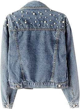 Women Oversized Denim Jacket Pearls Beading Jeans Coat 2XL | Amazon (US)
