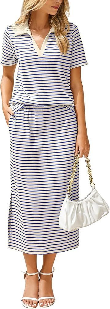 Glamaker Womens Skirt Sets 2 Piece Outfits 2025 Summer Casual Striped Short Sleeve Skirt And Top ... | Amazon (US)
