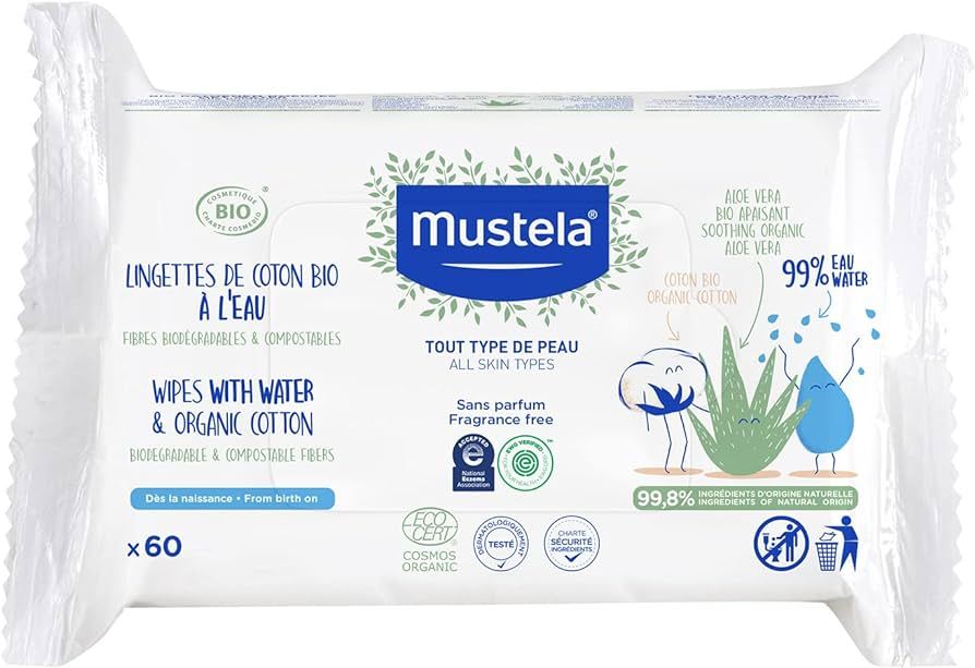 Mustela Baby Water Wipes with Organic Cotton & Aloe Vera - For Face & Body - Fragrance Free - Mad... | Amazon (US)