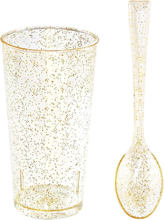 I00000 Small Plastic Dessert Cups with Mini Spoons Gold Glitter, Includes 100 Pieces Disposable R... | Amazon (US)