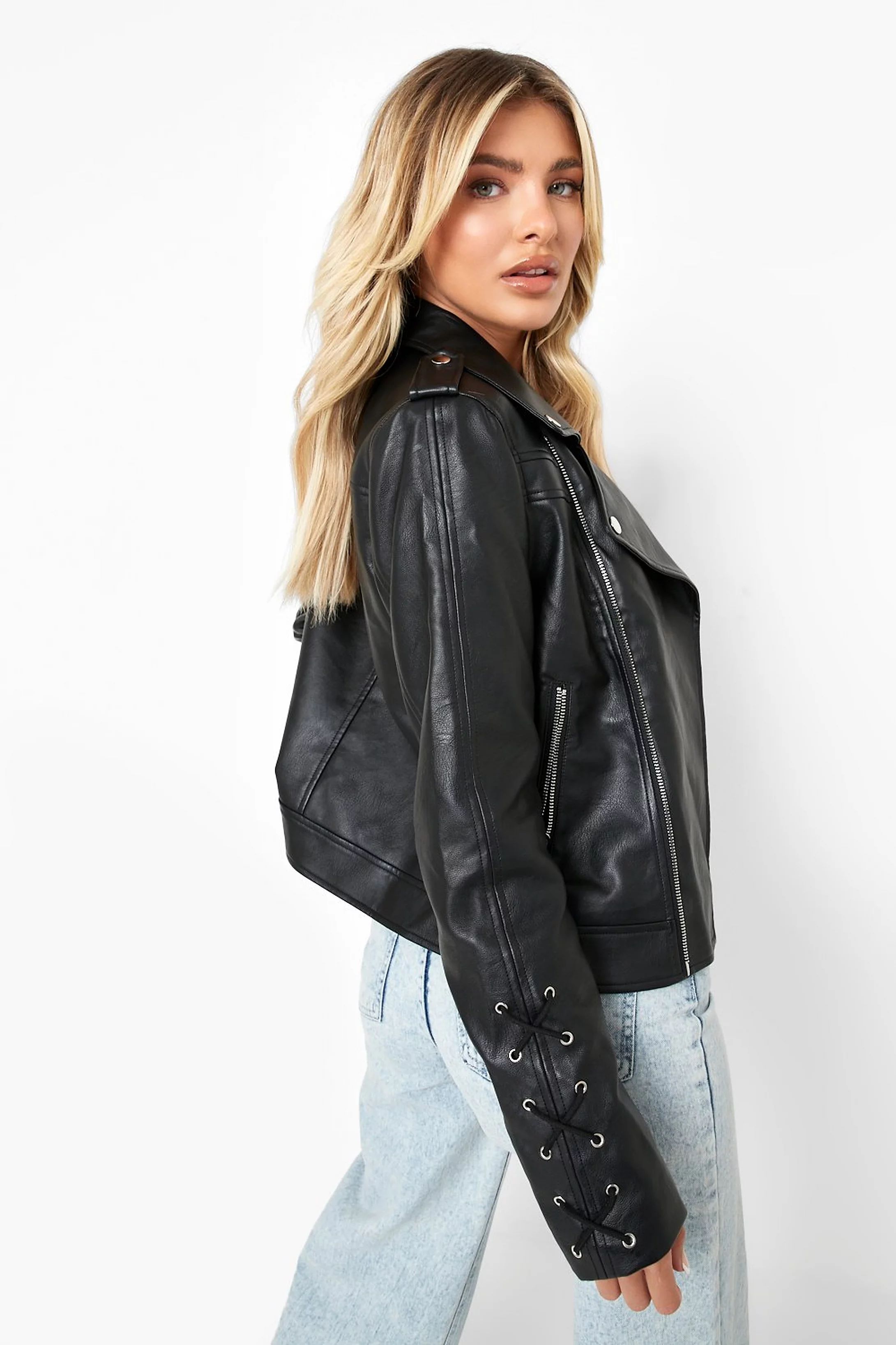 Eyelet Sleeve Detail Moto Jacket | Boohoo.com (US & CA)