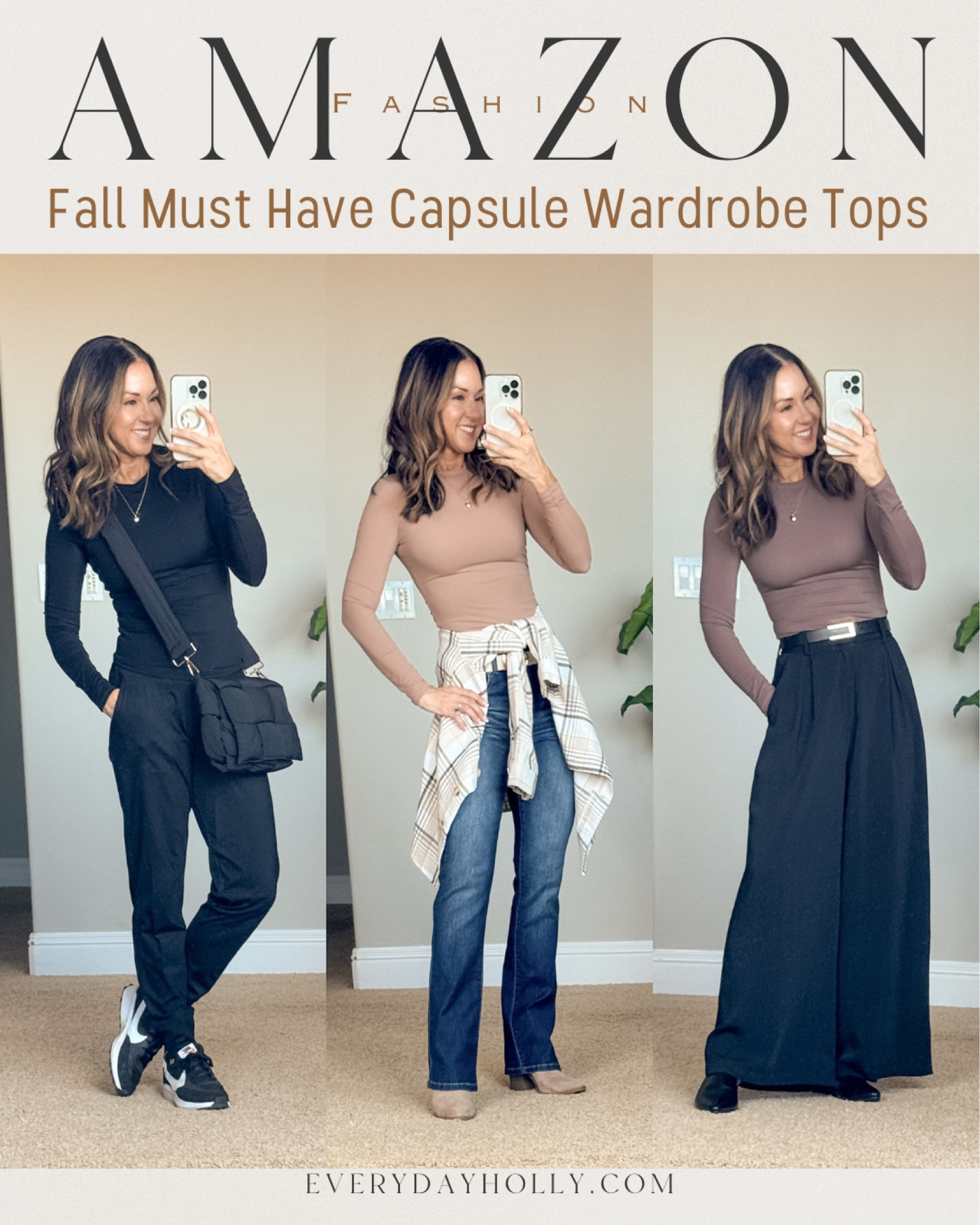 20% off Amazon Designer inspired Long sleeve crew neck slim fit buttery soft tees perfect for everyday, work, teacher, athleisure, layering or on their own. Size XS in black, taffy , marsala.  jogger XS black, trousers XS short black, plaid flannel small light brown, belts, puffer bag, black mules (go up a 1/2 size), blazer XXS, shoes go up  1/2 size, linking similar jeans I always wear a 0 short in this brand 

#LTKFindsUnder50 #LTKStyleTip #LTKSaleAlert