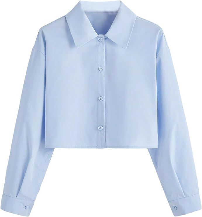 Verdusa Women's Button Down Long Sleeve Collar Shirt Blouse Crop Top | Amazon (US)