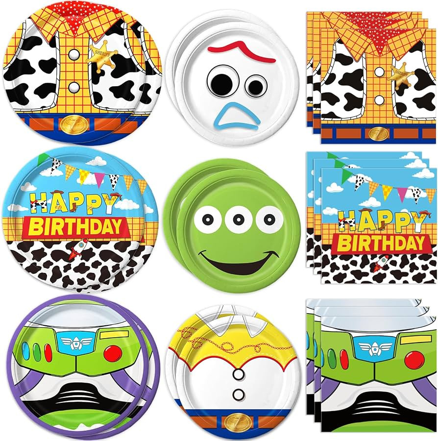 90Pcs Cartoon Birthday Party Supplies Cartoon Plates Napkins Tableware for Toy Theme Birthday Dec... | Amazon (US)