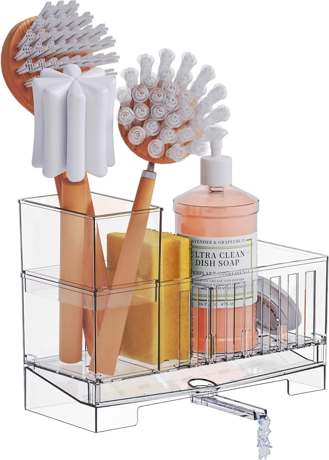 Clear Kitchen Sponge Holder for Sink,Acrylic Sponge Caddy for Kitchen Sink with Brush Holder,Rust... | Amazon (US)
