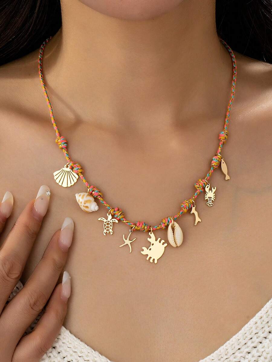 1pc Bohemian Style Ocean Theme Rope Necklace With Sea Turtle, Coral, Lobster, Starfish Pendants, ... | SHEIN