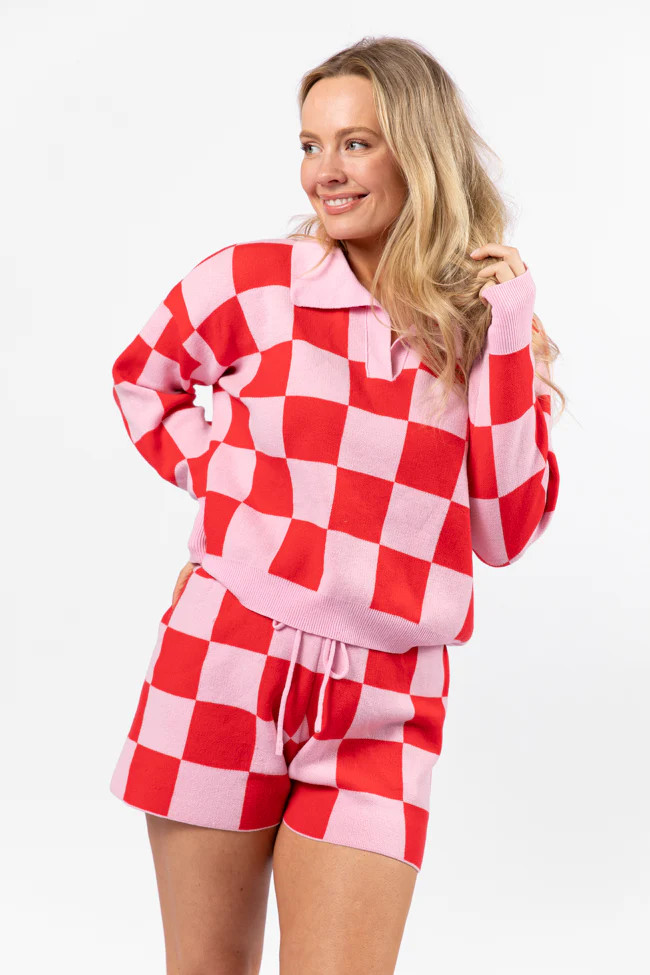 Waiting On A Sign Pink and Red Checkered Knit Set | Pink Lily