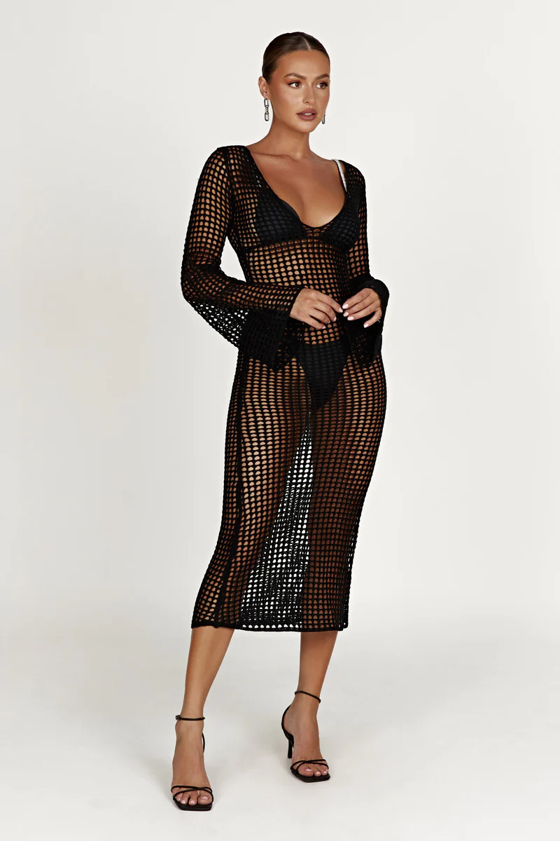 Murphy Long Sleeve Crochet Maxi Dress - Black | MESHKI US