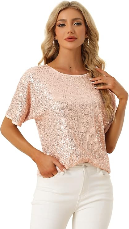 Allegra K Sequin Shirt for Women's Halloween Sparkly Dolman Sleeve Party Oversize Bling Glitter B... | Amazon (US)
