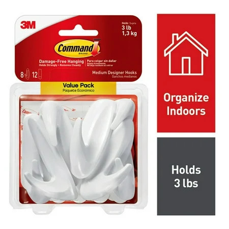 Command Medium Designer Hooks, White, 8 Wall Hooks, Damage-Free Hanging | Walmart (US)