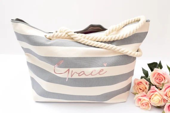 Beach bag, striped tote bag, grey striped canvas tote, tote bags, beach party, beach wedding, per... | Etsy (US)