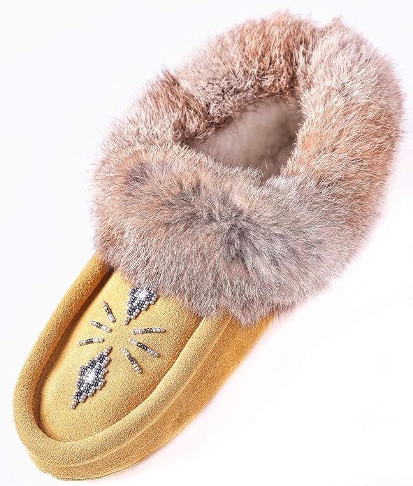 Women Moccasins Indoor Slippers of Soft Sole Fleece Lined Rabbit Fur Trim | Amazon (US)