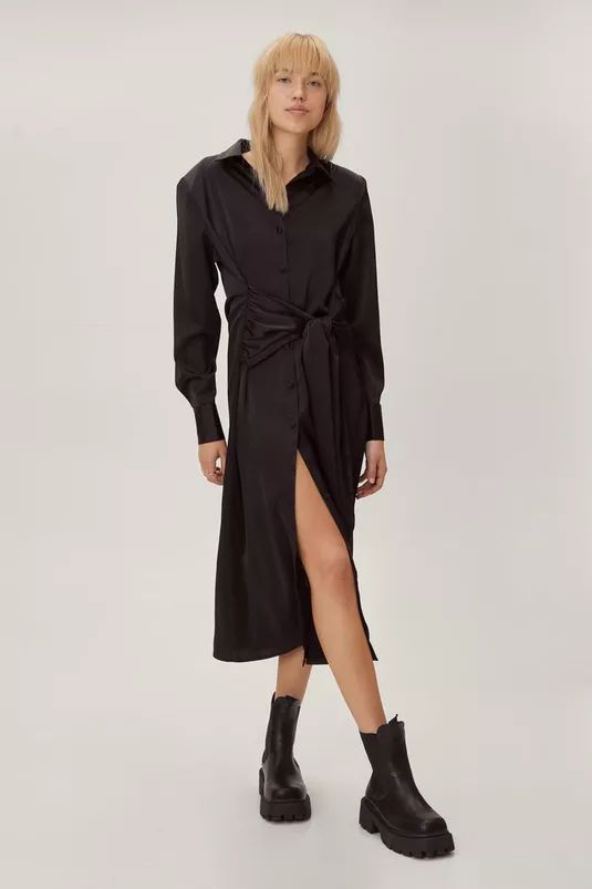 Sustainable Satin Tie Midi Shirt Dress | Nasty Gal (US)