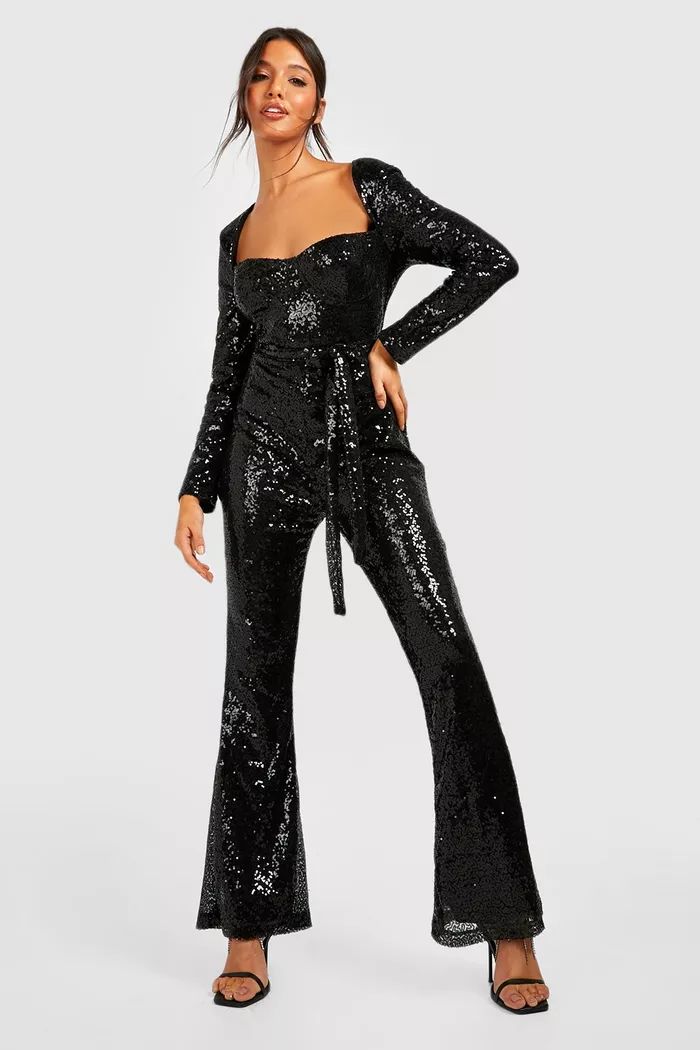 Sequin Belted Flare Jumpsuit | boohoo (US & Canada)