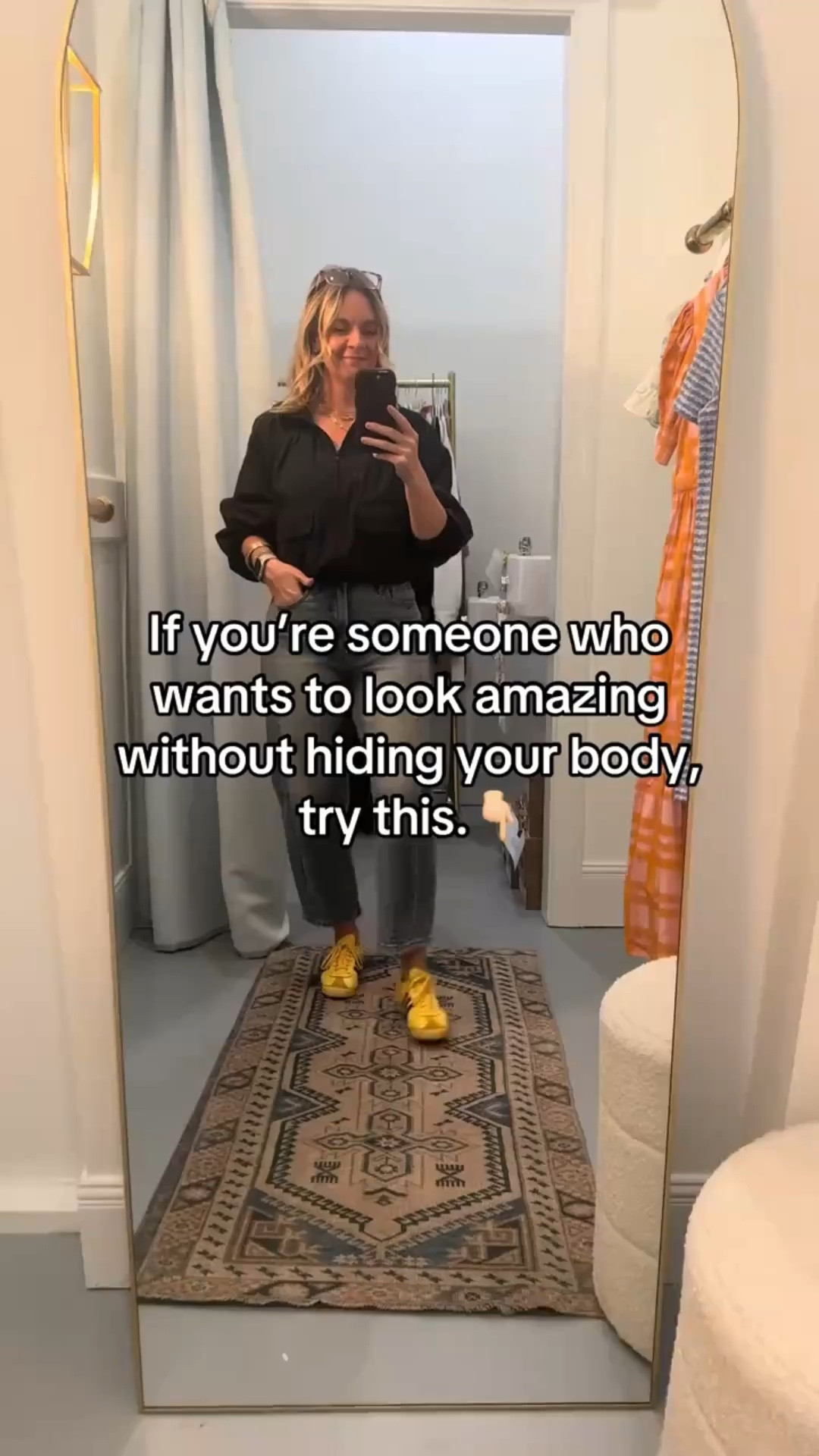 Wear your actual size and focus on fit, not coverage. 

Clothes that skim your body (not cling, not drown) will always look more polished and intentional than oversized pieces meant to “hide.” 

Define your waist. Balance your proportions. Choose structure over volume. 

When the fit is right, you don’t need to hide anything. 

✨ Follow for styling that celebrates your body 
💬 Comment FIT to work together