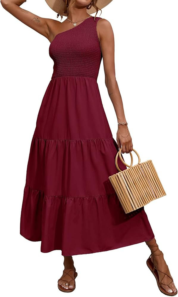 BTFBM 2025 Summer One Shoulder Dresses for Women Casual Sleeveless High Waist Floral Flowy Smocke... | Amazon (US)