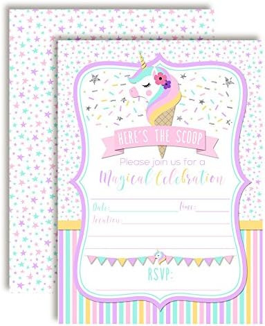 Magical Unicorn Ice Cream Cone Birthday Party Invitations for Girls, 20 5"x7" Fill in Cards with ... | Amazon (US)