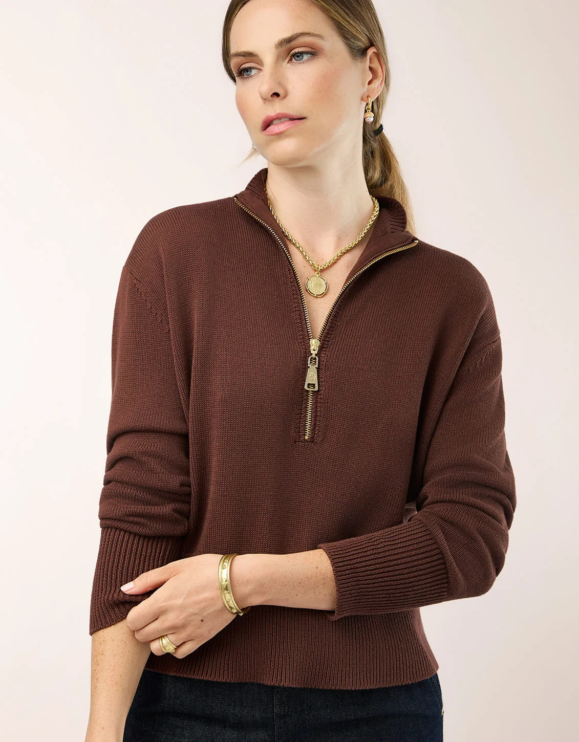 Carlie Half Zip Sweater Deep Mahogany | Spartina 449