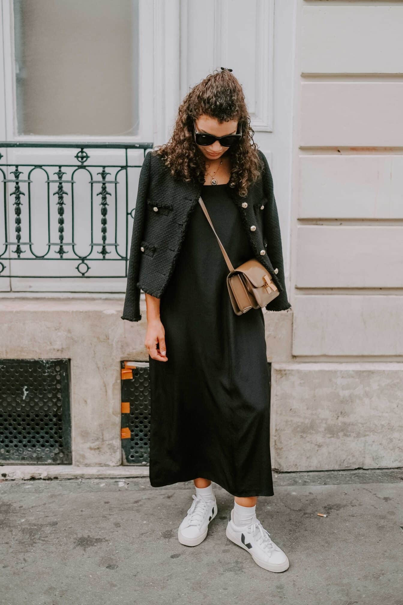 A black satin or silk midi slip dress is the perfect addition to your summer wardrobe. And when you need an extra layer, try adding a monochromatic cropped jacket or cardigan. A chic handbag, socks and sneakers make this the perfect everyday look. 

#LTKstyletip #LTKSeasonal