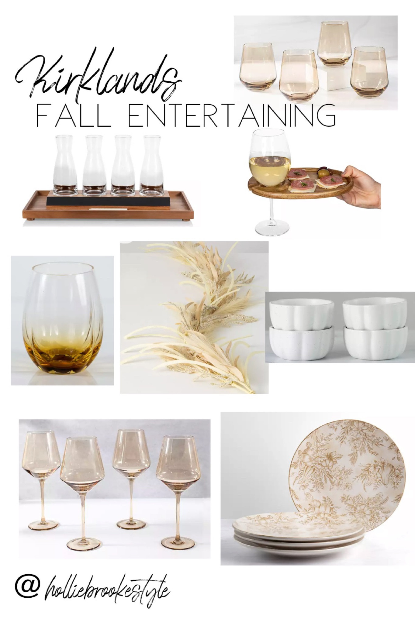 Fall hosting items with a soft neutral color scheme. 

Wine glasses
Wheat colored wine glass
Neutral fall decor
Fall home
Fall hosting
Pumpkin wine glass
Charcuterie board
Fall plates
Wine decanter 
Pumpkin bowl
Garland
Table decor 

#LTKparties #LTKSeasonal #LTKhome