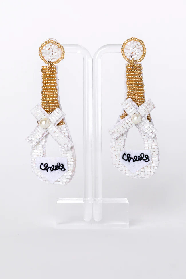 Drunk In Love White Beaded Champagne Bottle Earrings | Pink Lily