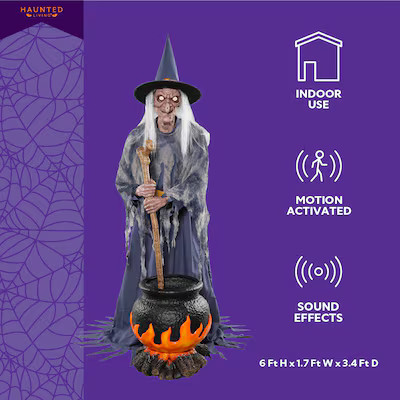 Haunted Living 6-ft Witch with Cauldron Motion Activated Lighted Animatronic Lowes.com | Lowe's