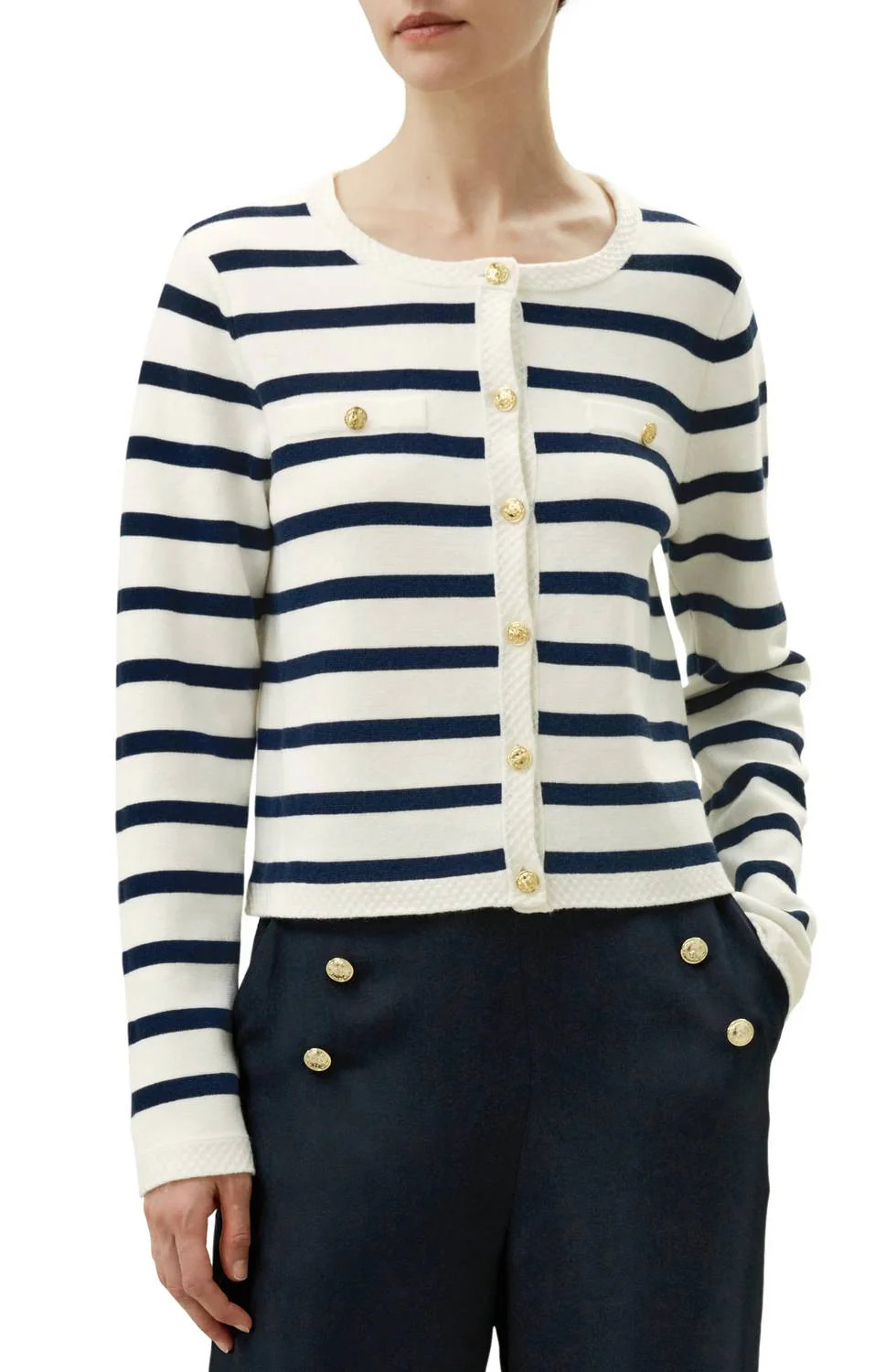 Gariana Striped Wool Cardigan In Navy/ivory | Shop Simon