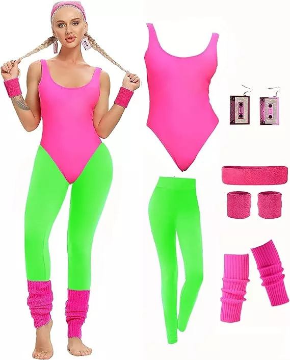  Women 80s Costume Outfit Accessories Set Leotard