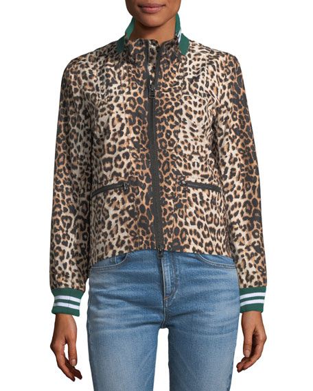 Veronica Beard Anya Leopard-Print Anorak Jacket with Striped Rib-Knit Trim | Bergdorf Goodman