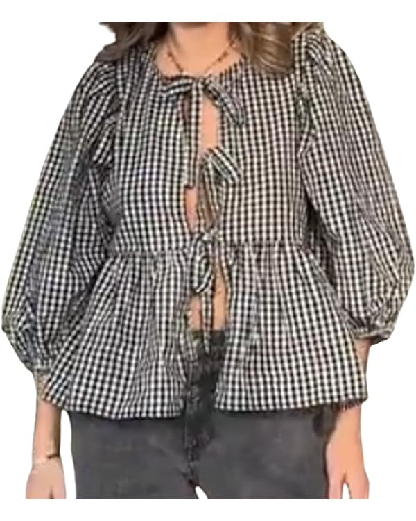 Tie Front Tops for Women Leopard Print Peplum Babydoll Top 3/4 Length Puff Sleeve Coquette Tops C... | Amazon (US)