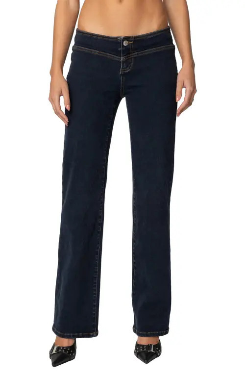 EDIKTED Ribbon Lace-Up Low Rise Straight Leg Jeans in Dark-Blue at Nordstrom, Size X-Small | Nordstrom
