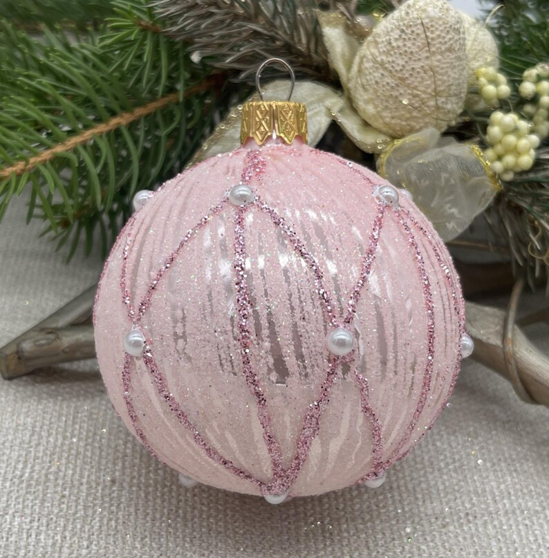 Pink Christmas Glass Ball Ornament, Hand Painted Xtmas Glass Decorations, Traditional XMAS Glass ... | Etsy (US)