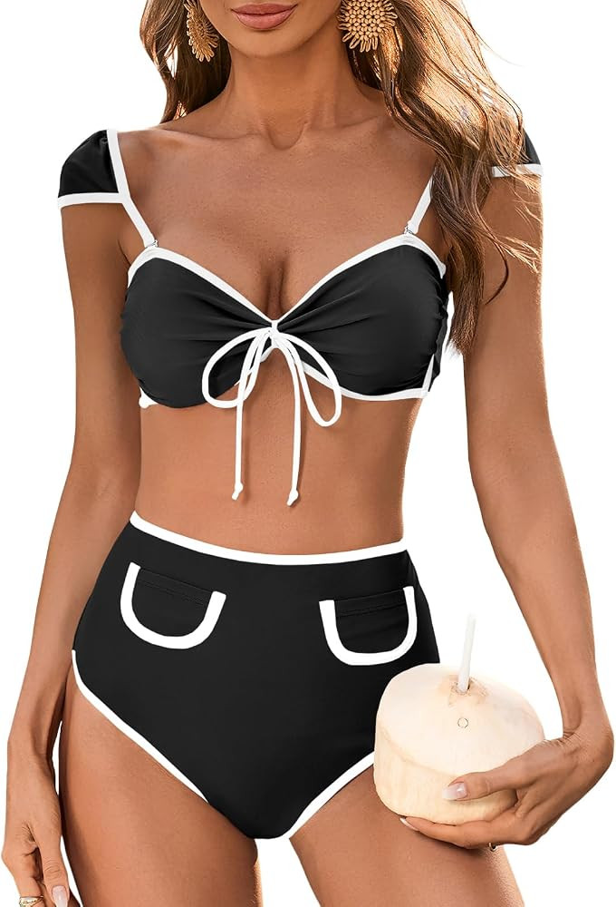 Saodimallsu Womens High Waisted Bikini Sets Cap Sleeve Color Block Tie Back Adjustable Strap 2 Pi... | Amazon (US)