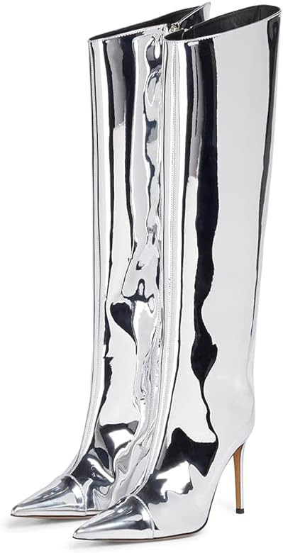 Arqa Women's Metallic Knee High Boots Stiletto High Heels Wide Calf Boot with Zipper Pointed Toe ... | Amazon (US)