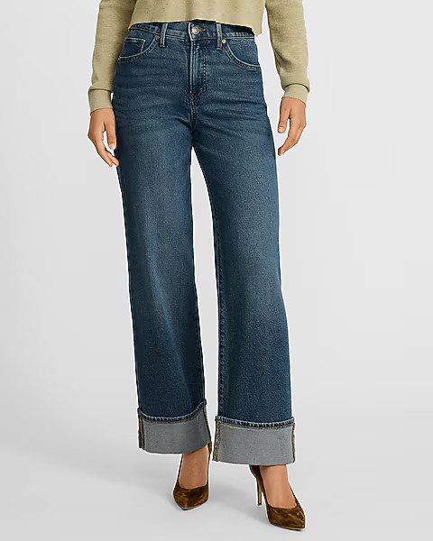 High Waisted Medium Wash Cuffed Wide Leg Jeans | Express