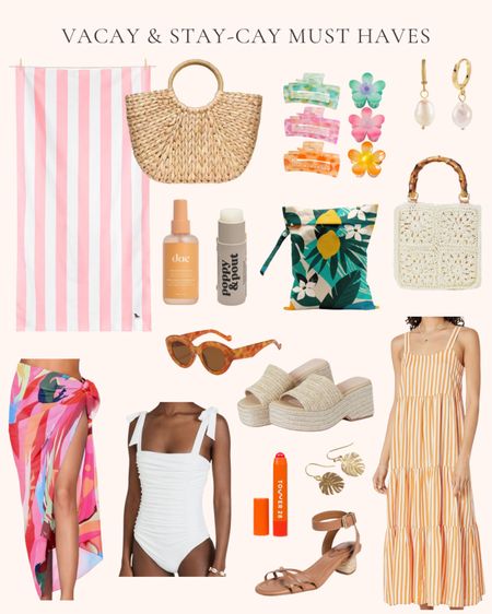 Summer vacay and stay-cay must haves. Summer favorites. Summer outfit. Warm weather style. Gold monstera earrings. Mid block ankle strap sandals. White ruched one piece swimsuit. Tower 28 lip balm. Crocheted handbag. Gold and Pearl drop earrings. Orange and white striped maxi sundress. Woven platform sandal slides. Wet and dry swimsuit bag. Cateye sunglasses. Swimsuit coverup wrap. Poppy and pout island coconut lip balm. DAE hibiscus wave spray. Dock and bay quick dry beach towel. Colorful claw hair clips. Summer rattan hand woven tote bag. 

#LTKSeasonal #LTKFindsUnder50 #LTKSummerSales