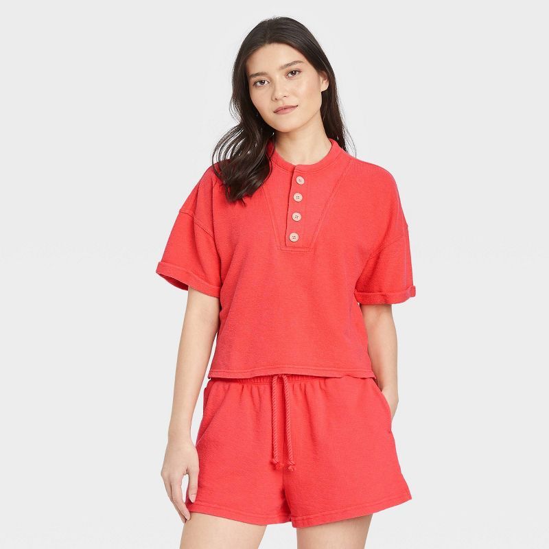 Women&#39;s Short Sleeve French Terry Henley Shirt - Universal Thread&#8482; Coral Orange S | Target