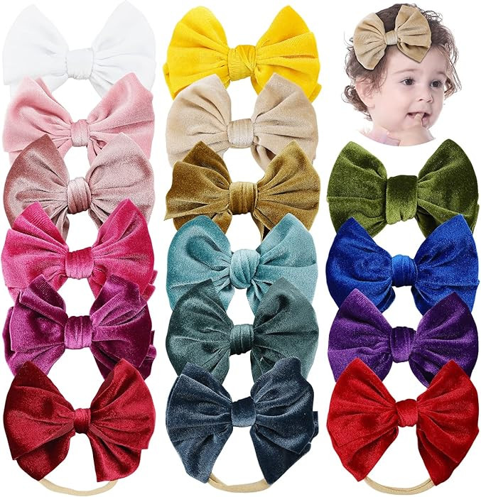 Cinaci 16 Pack Super Stretchy Thin Slim Nylon Headbands with Big Velvet Solid Knot Bow Hair Bands... | Amazon (US)