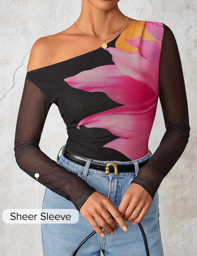 ZESICA Women's Floral Off Shoulder Long Sleeve Tops 2025 Fall Mesh Ruched Fitted Trendy Going Out... | Amazon (US)